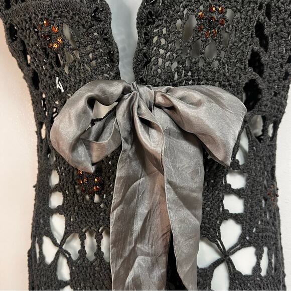Boston Proper | XS Smoky Gray Lacy Crochet Look Open Weave Cardigan, Fabric Bow - Picture 9 of 16